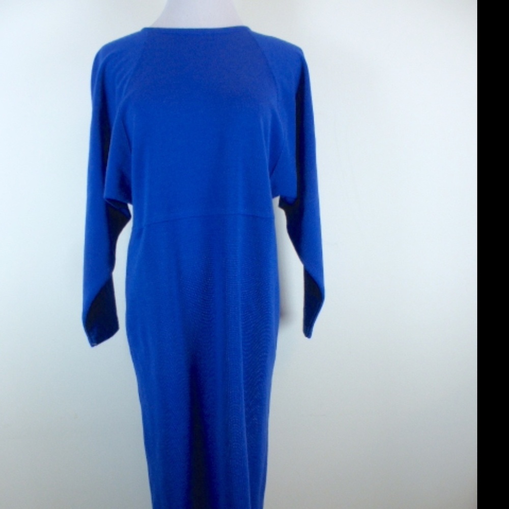 Goldworm royal blue knit DOLMAN BATWING long sleeve V BACK DRESS 6 Vintage 70s